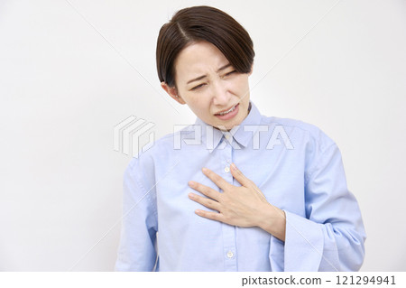 Woman out of breath, white background 121294941