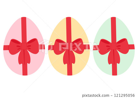 Painted chicken eggs in trendy festive colors with red ribbon bow. Easter design elements idea Set 3 Painted chicken eggs in trendy festive colors with red ribbon bow. Easter design elements idea Set 3 121295056