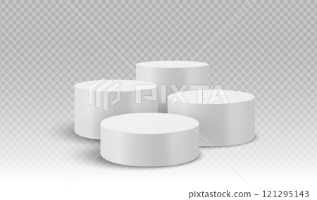 Cluster of four cylindrical podiums with even heights on a transparent background. Stage showcase platforms vector. 121295143