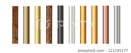 Pipe set isolated on background. Chrome, rusty, steel, golden, copper and iron pipes profile. Cylinder metal tubes. Vector Pipe set isolated on background. Chrome, rusty, steel, golden, copper and iron pipes profile. Cylinder metal tubes. Vector 121295177