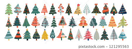 Set of isolated Christmas trees in cute doodle hand-drawn style on a transparent background. Volume 3: Vivid red, green and yellow color tones. Set of isolated Christmas trees in cute doodle hand-drawn style on a transparent background. Volume 3: Vivid red, green and yellow color tones. 121295563