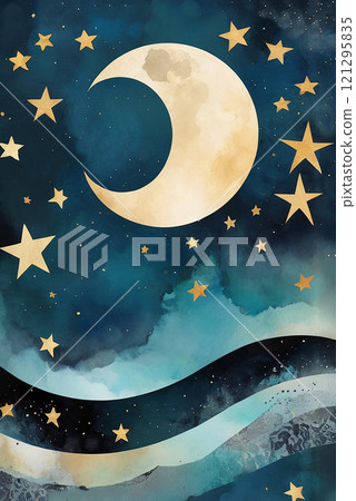 Crescent moon sparkling night sky stars moon watercolor illustration art 121295835