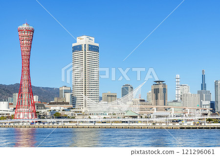 Kobe City, Hyogo Prefecture: Kobe Port Tower and the surrounding streets after renovation work has been completed and the fence has been removed 121296061