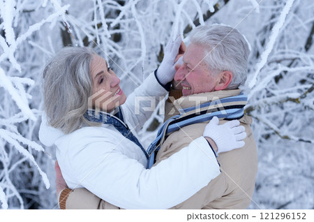 An elderly couple walks in a winter park 121296152