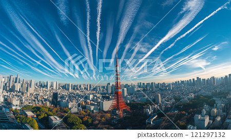 一位女士放學後在東京鐵塔和夕陽的背景下享受時光。 121297132
