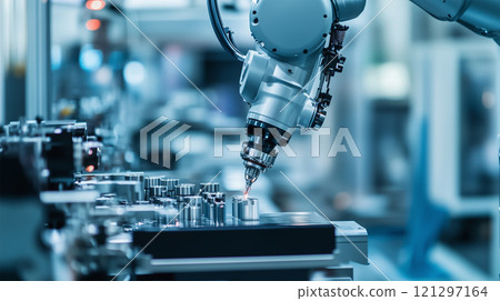 AI機械手臂在工廠操作精密機械 AI機械手臂在工廠操作精密機械 121297164