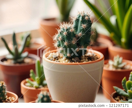 Small cactus in pot on shelf for the home decoration 121297171