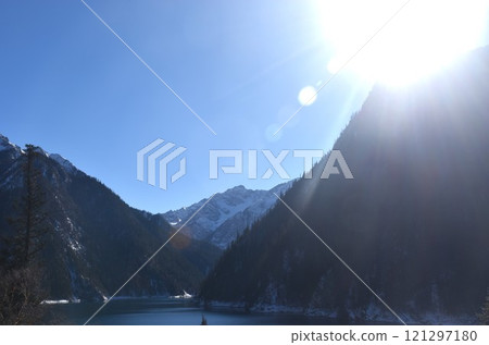 mountain of five colors lake at Jiuzhaigou natural national park travel location in China mountain of five colors lake at Jiuzhaigou natural national park travel location in China 121297180