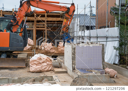 Demolition site of an old wooden house Demolition site of an old wooden house 121297206