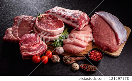 Different types of raw meat on background Different types of raw meat on background 121297578