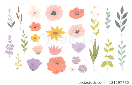 Wildflowers and leaves set. Beautiful floral set with hand drawn elements. Vector illustration in flat style Wildflowers and leaves set. Beautiful floral set with hand drawn elements. Vector illustration in flat style 121297780