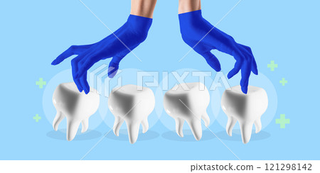 Poster. Contemporary art collage. Blue-gloved hands carefully selecting teeth, representing precision in dental care and check-ups. Poster. Contemporary art collage. Blue-gloved hands carefully selecting teeth, representing precision in dental care and check-ups. 121298142