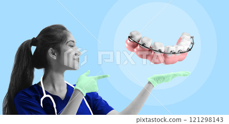 Poster. Contemporary art collage. Doctor showcasing braces, symbolizing orthodontic treatment covered under health insurance plans. Poster. Contemporary art collage. Doctor showcasing braces, symbolizing orthodontic treatment covered under health insurance plans. 121298143