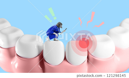 Poster. Contemporary art collage. Dentist inspecting tooth pain area, representing immediate care and diagnostics included in health plans. Poster. Contemporary art collage. Dentist inspecting tooth pain area, representing immediate care and diagnostics included in health plans. 121298145
