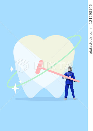 Poster. Contemporary art collage. Young woman, nurse with dental cleaning tool with sparkling tooth, illustrating preventive care and hygiene 121298146