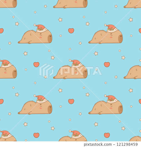 Christmas Seamless pattern. Cute sleeping Capybara Santa on blue background. New Year Funny cartoon kawaii character backdrop. Vector illustration. Kids holiday collection. Christmas Seamless pattern. Cute sleeping Capybara Santa on blue background. New Year Funny cartoon kawaii character backdrop. Vector illustration. Kids holiday collection. 121298459