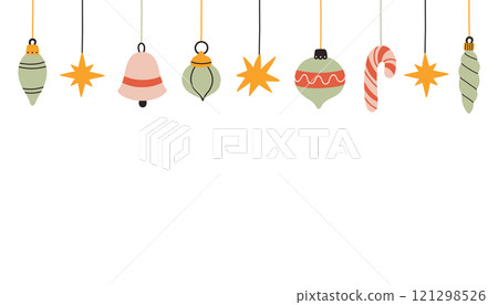 Christmas balls banner. Christmas tree decor banner, Xmas balls on white background. Holiday decoration template. 121298526