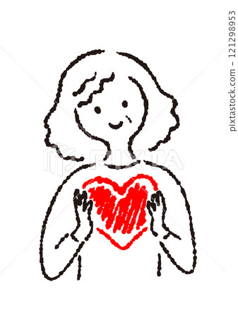 Simple hand-drawn illustration of an elderly woman holding a heart Simple hand-drawn illustration of an elderly woman holding a heart 121298953