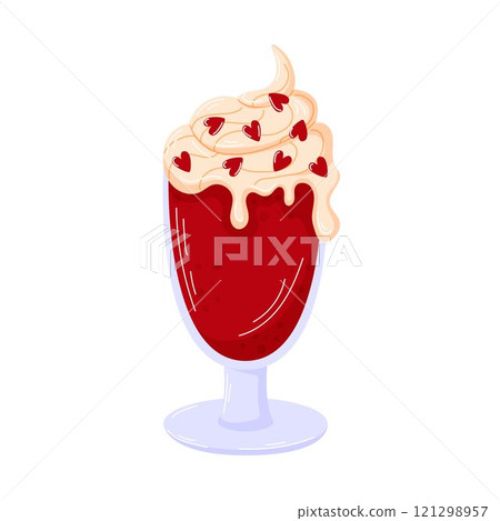 Drink with dessert in a glass with creamy topping and red heart in cartoon style. Perfect for Valentine Day, celebration, romance and festive food illustration. Isolated on white background. Drink with dessert in a glass with creamy topping and red heart in cartoon style. Perfect for Valentine Day, celebration, romance and festive food illustration. Isolated on white background. 121298957