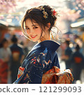 A smiling woman in a navy blue furisode 121299093