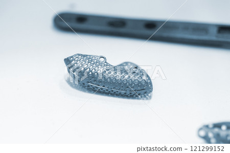 Titanium dental membranes for directed bone regeneration printed on 3D printer on white background. Membrane for lower jaw printed from biocompatible titanium powder. Implants and prostheses Titanium dental membranes for directed bone regeneration printed on 3D printer on white background. Membrane for lower jaw printed from biocompatible titanium powder. Implants and prostheses 121299152