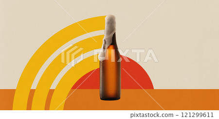 Poster. Contemporary art collage. Dark beer glass overlaid with dynamic zigzag and curved patterns in vivid tones. Bauhaus elements. Poster. Contemporary art collage. Dark beer glass overlaid with dynamic zigzag and curved patterns in vivid tones. Bauhaus elements. 121299611