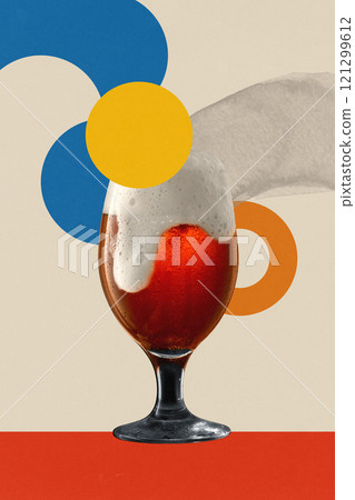 Poster. Contemporary art collage. Deep red beer in a glass, paired with expressive geometric shapes and bold colors. Bauhaus art style. 121299612