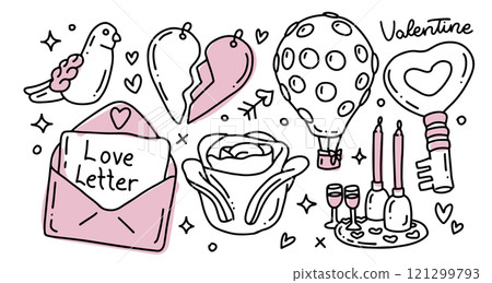 Cute hand drawn romantic doodle clipart, imperfect aesthetic of valentines day elements set. Linear vector illustration - love letter, dove, hot air balloon, romantic dinner Cute hand drawn romantic doodle clipart, imperfect aesthetic of valentines day elements set. Linear vector illustration - love letter, dove, hot air balloon, romantic dinner 121299793