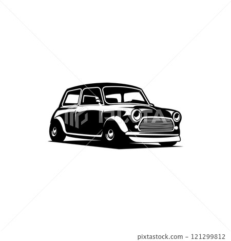 Mini Cooper car vintage isolated silhouette. side view with white background. best for logo, badge, emblem, icon, sticker design. available in eps 10 121299812