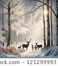 A male Hokkaido deer walking through the mist 121299993