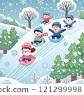 Child posing in front of a snowman background 121299998