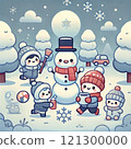 Snowman, snowflakes and night sky 121300000