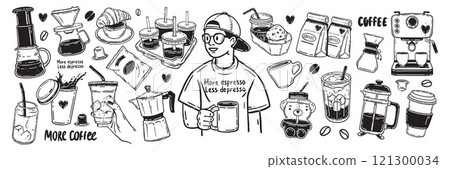 Coffee icon vector set, hand drawn cafes doodle illustration, morning hot beverage breakfast cup. Coffee icon vector set, hand drawn cafes doodle illustration, morning hot beverage breakfast cup. 121300034
