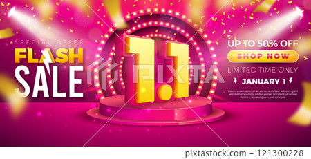 1 January Shopping Day Flash Sale Design with 3d 1.1 Number, Light Bulb Billboard and Stage Podium on Red Background. Vector Special Offer 50 Percent Off Campaign Discount Illustration for Coupon 1 January Shopping Day Flash Sale Design with 3d 1.1 Number, Light Bulb Billboard and Stage Podium on Red Background. Vector Special Offer 50 Percent Off Campaign Discount Illustration for Coupon 121300228