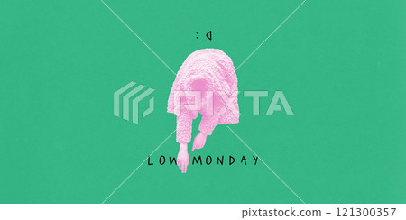 Poster. Contemporary art collage. Slouched pink figure on green background, representing drained energy of low Monday. Exhaustion. 121300357