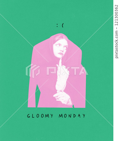 Poster. Contemporary art collage. Woman in pink silhouette holding feather with sad smile above her, embodying reflective gloom of dreary Monday. 121300362