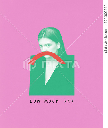 Poster. Contemporary art collage. Low mood day. Woman in green effect and red frown symbolizing low mood, representing fatigue and sadness. 121300363