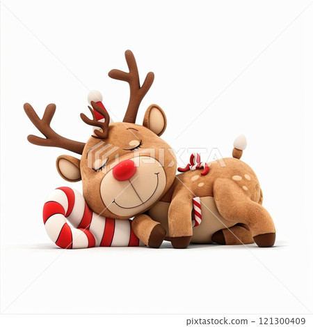 Cute cartoon reindeer sleeping beside candy cane, embodying festive spirit of Christmas. This adorable character brings joy and warmth to holiday celebrations Cute cartoon reindeer sleeping beside candy cane, embodying festive spirit of Christmas. This adorable character brings joy and warmth to holiday celebrations 121300409