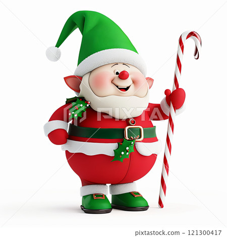 Cheerful cartoon Santa Claus in green hat, red suit, and holding candy cane, embodying festive spirit of Christmas 121300417