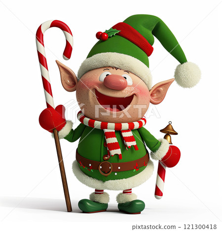 Cute cartoon elf with candy cane and festive attire, spreading holiday cheer. Perfect for Christmas themes and decorations 121300418