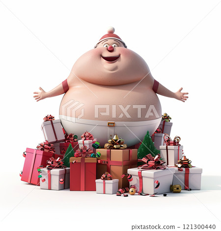 cheerful cartoon character with round belly stands among colorful Christmas gifts, spreading holiday joy. scene is festive and playful, perfect for celebrating season 121300440