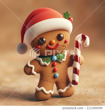 Gingerbread man wearing Santa hat, holding candy cane, festive decoration, cheerful expression, holiday spirit, sweet treat, Christmas theme, playful design, cute character Gingerbread man wearing Santa hat, holding candy cane, festive decoration, cheerful expression, holiday spirit, sweet treat, Christmas theme, playful design, cute character 121300490