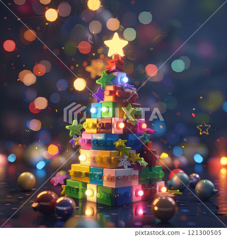 colorful LEGO Christmas tree adorned with stars and lights, surrounded by festive decorations and bokeh background, creating joyful holiday atmosphere 121300505