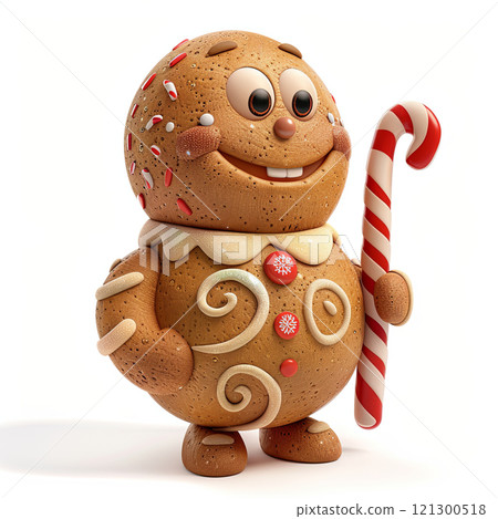 Cute gingerbread character holding candy cane, decorated with icing and sprinkles, perfect for festive celebrations and holiday themes 121300518