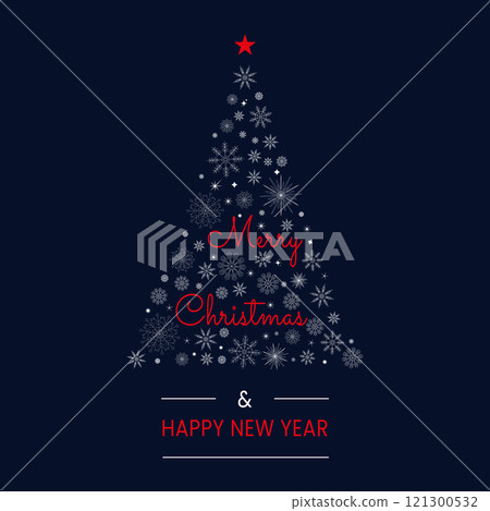 Merry Christmas and New Year background. Christmas tree with snowflakes. Minimalist Christmas banner template with abstract Christmas tree on dark blue background Merry Christmas and New Year background. Christmas tree with snowflakes. Minimalist Christmas banner template with abstract Christmas tree on dark blue background 121300532