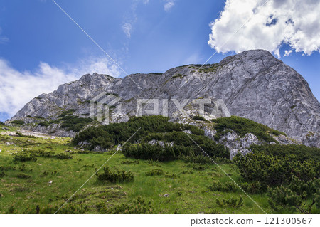 Path to the Angerstein mountain summit, Alps, Gosau, Gmunden district, Upper Austria federal state, sunny summer day, clear blue sky Path to the Angerstein mountain summit, Alps, Gosau, Gmunden district, Upper Austria federal state, sunny summer day, clear blue sky 121300567