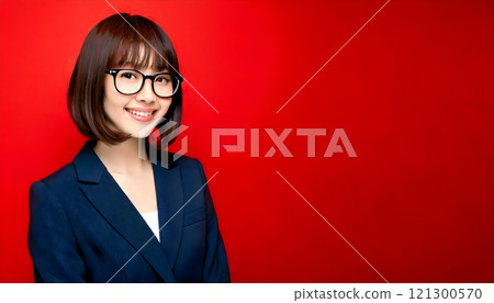 留著鮑伯頭髮、戴著眼鏡的日本女性在紅色背景前直視前方 121300570