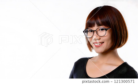 留著鮑伯頭髮、戴著眼鏡的日本女性在白色背景前直視前方 121300571