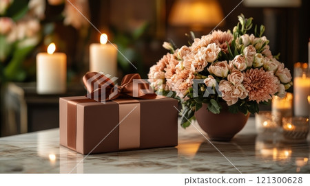 Festive 8th March scene with elegant chocolate brown accents, showcasing luxurious bouquet of tulips and chrysanthemums in soft pastel shades and beautifully wrapped gift box 121300628