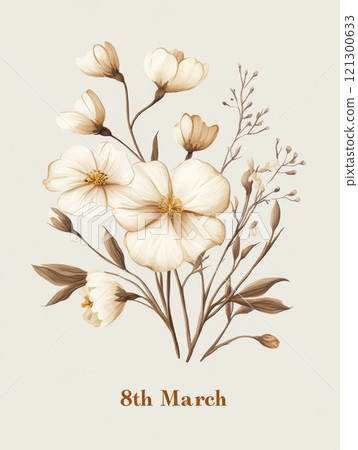 8th March greeting card with Mocha Mousse-color accents. Watercolor-style illustration of blooming flowers in warm cream, and white hues. 121300633